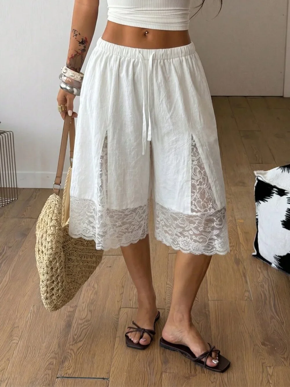 White Casual Women's Boho Concert Rave Festival Lace Crotch Pants - Picture 3 of 4